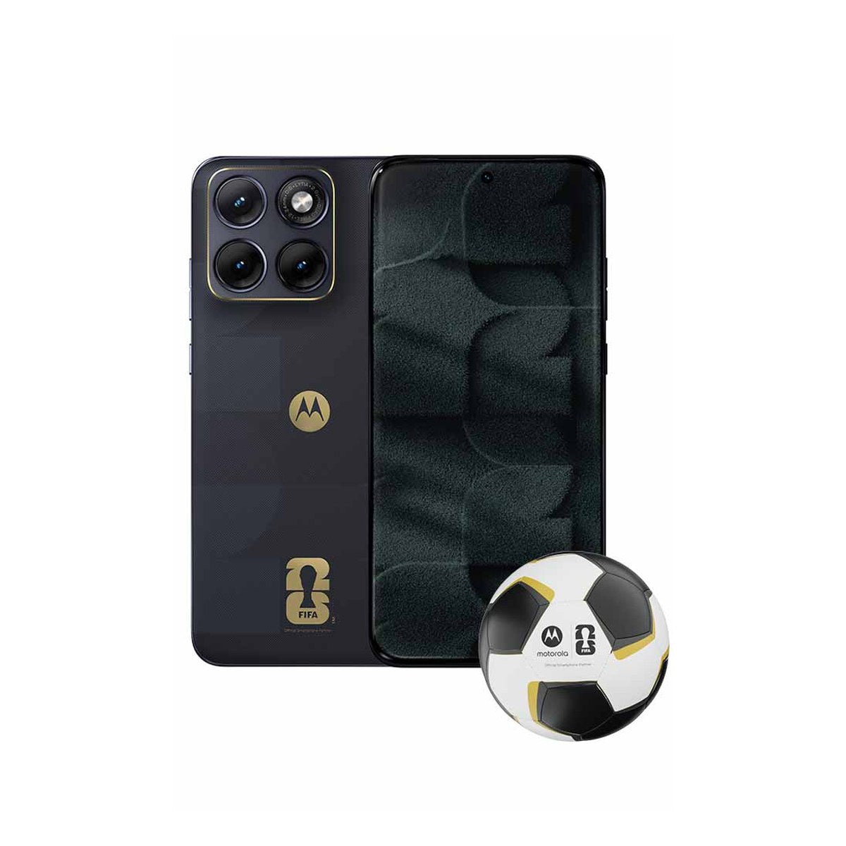 Motorola Edge 70 Fusion 256GB 5G FIFA Edition — trasera y pantalla con balón Motorola FIFA